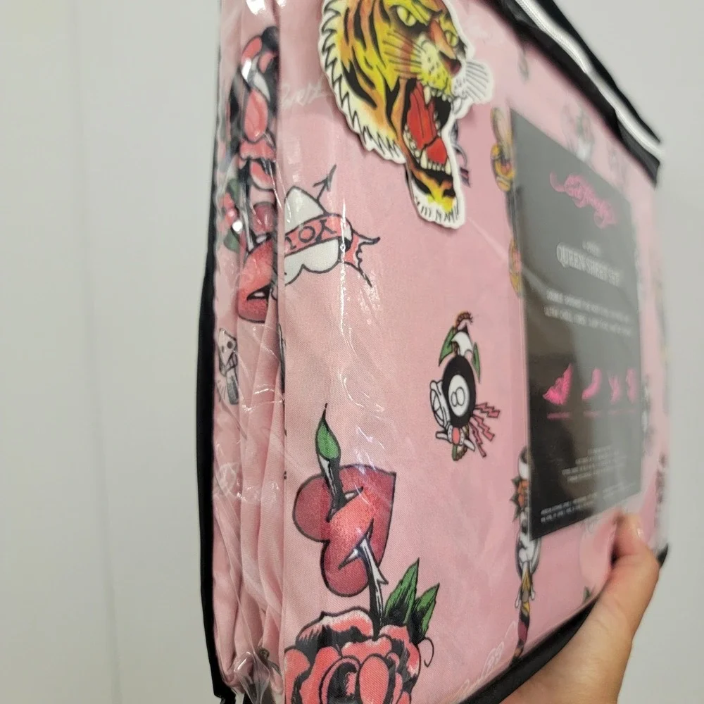 Ed Hardy Sheet Set Queen 4Pc Bedding Sheets Set Pink Tattoo Panther Snake Roses